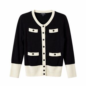 Worth New York 100% Wool Contrast Trim Cardigan Petite Black